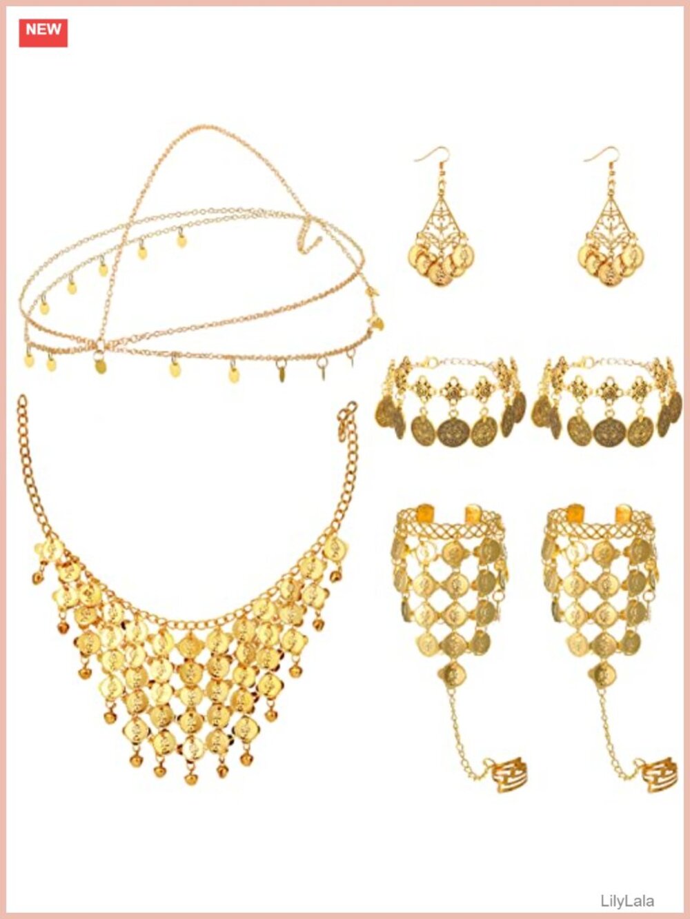 Gold Coin Belly Dance Jewelry Set Necklace Earrings Bracelets Anklets Head Chain
